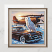 Een sneeuwuil, een vliegtuig en een oldtimer kaart (Voorkant / Achterkant)