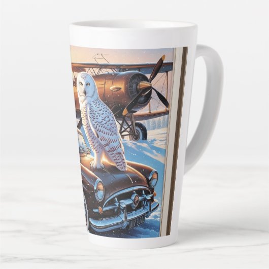 Een sneeuwuil, een vliegtuig en een oldtimer latte mok (Rechterhoek)