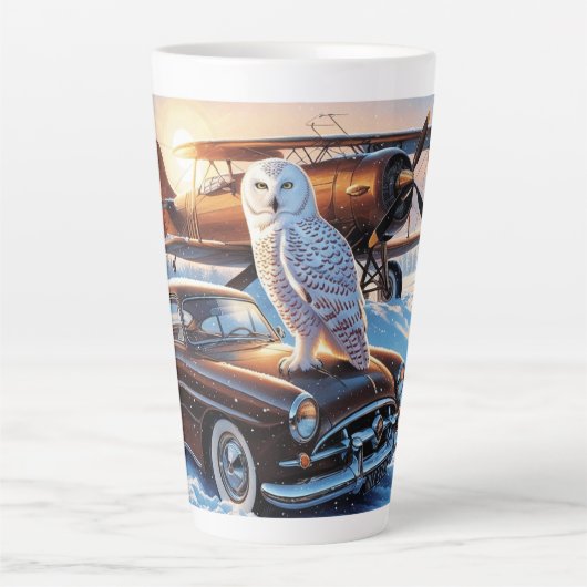 Een sneeuwuil, een vliegtuig en een oldtimer latte mok (Voorkant)