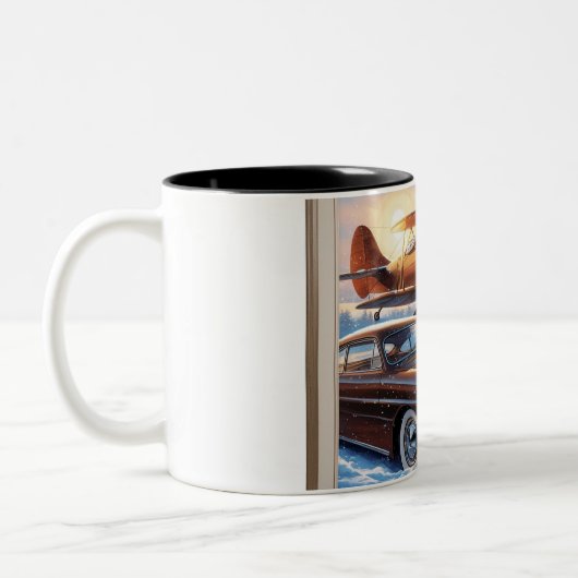 Een sneeuwuil, een vliegtuig en een oldtimer tweekleurige koffiemok (Links)