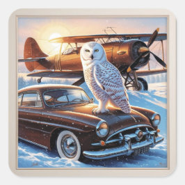 Een sneeuwuil, een vliegtuig en een oldtimer vierkante sticker