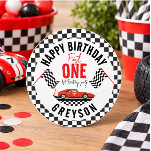 Eén Snel Race Auto Jongen 1e Verjaardagsfeestje Ronde Sticker