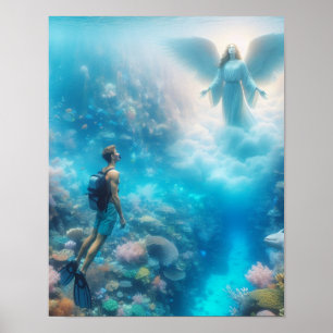 Een snorkelaar die versteld staat van het zien van poster