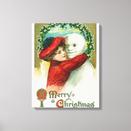Een snowman-scène met een prettige kerst canvas afdruk (Voorkant)