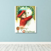 Een snowman-scène met een prettige kerst canvas afdruk (Insitu (Houten vloer))