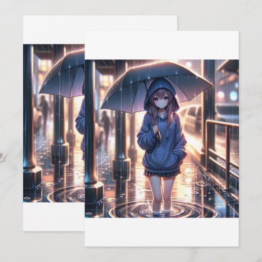 Een solitaire figuur onder een paraplu op een rege kaart (Voorkant / Achterkant)
