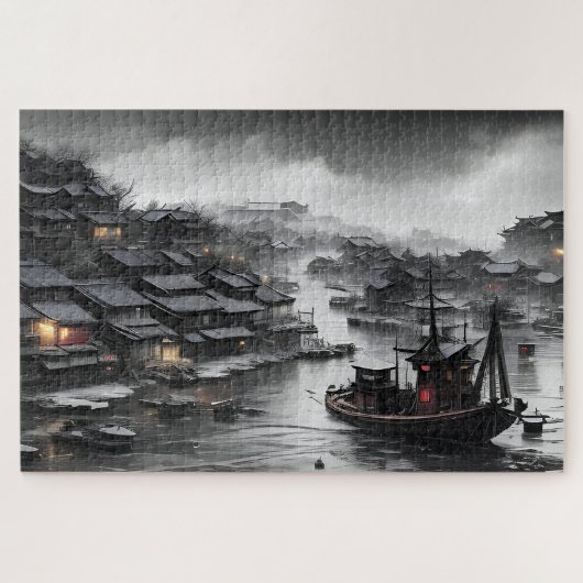 Een sombere lucht boven een Chinees vissersdorp Legpuzzel (Horizontaal)
