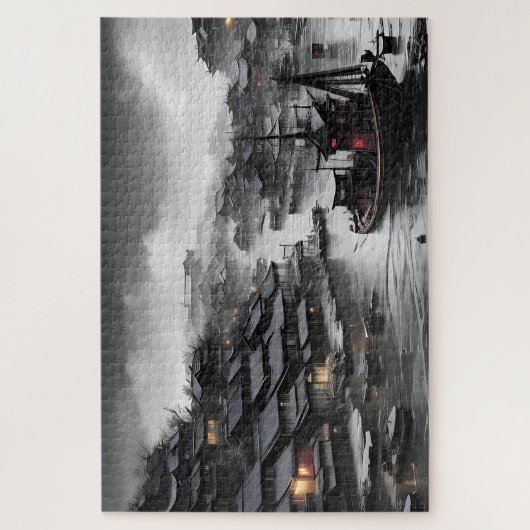 Een sombere lucht boven een Chinees vissersdorp Legpuzzel (Verticaal)