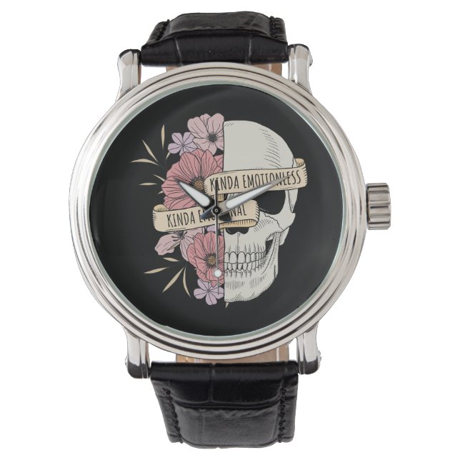 Een soort emotionele schedel & bloemen horloge (Voorkant)