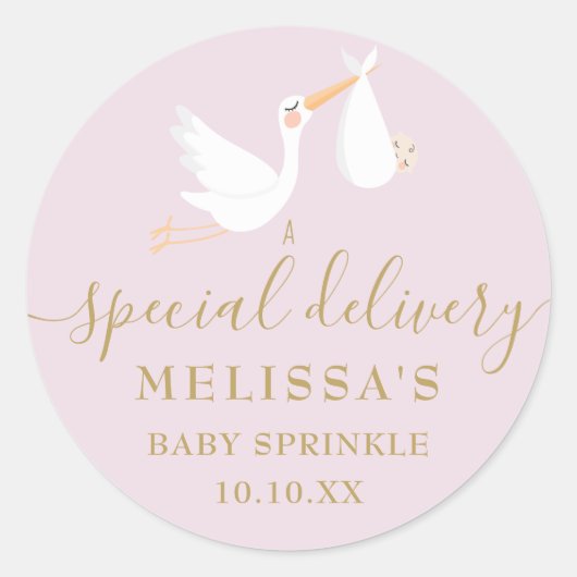 Een speciale bezorging Ooievaar Baby Shower / Spri Ronde Sticker (Voorkant)
