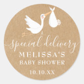 Een speciale bezorging Ooievaar Baby Shower/Sprink Ronde Sticker (Voorkant)