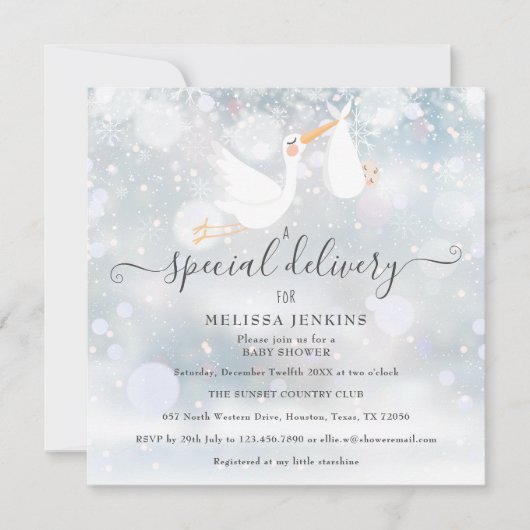 Een speciale bezorging Ooievaar Winter Baby Shower Kaart (Voorkant)