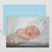 Een speciale bezorging script baby jongen foto geb aankondiging (Voorkant / Achterkant)