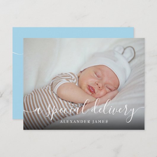 Een speciale levering Baby Boy Photo Script Geboor Aankondigingskaart (Voorkant / Achterkant)