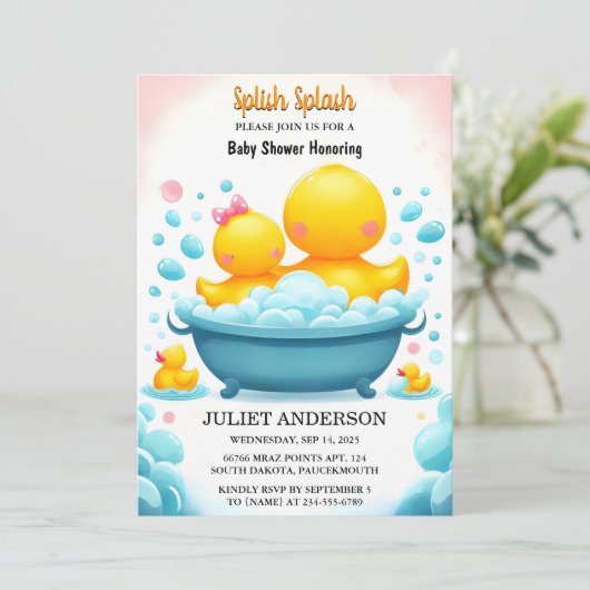 Een Speelgoed Pool Foam Bash Twin Rubber Duck Baby Kaart (Staand voorkant)