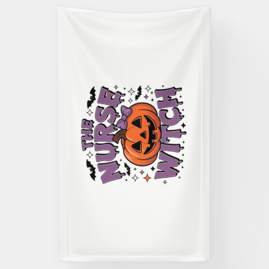 Een speels ontwerp met een pompoenheks met een spandoek (Verticaal)
