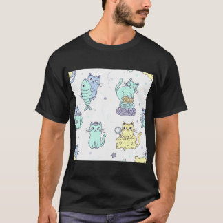 Een speels patroon van cartoonkatten en vissen op t-shirt