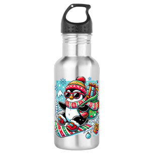 Een speelse cartoon pinguïn die een feestelijke wi waterfles