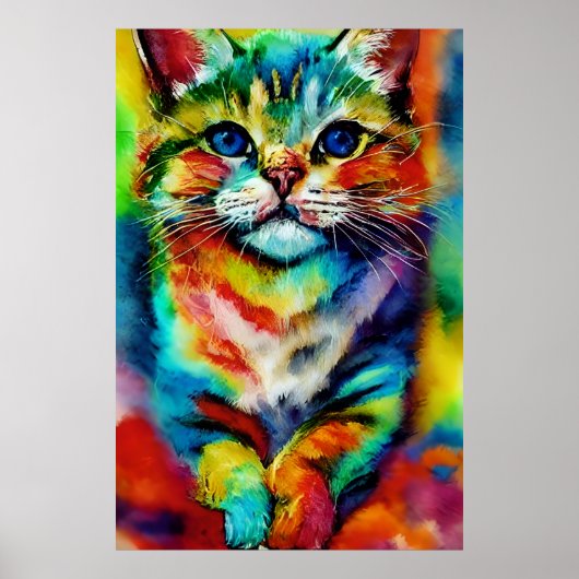 Een speelse en grillige kleurrijke kat poster (Voorkant)