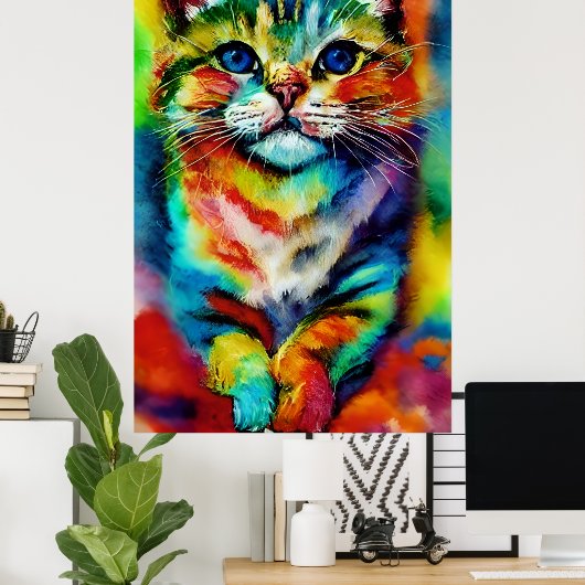 Een speelse en grillige kleurrijke kat poster (Thuiskantoor)