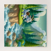 Een speelse geitenreis temidden van groen & stream legpuzzel (Horizontaal)