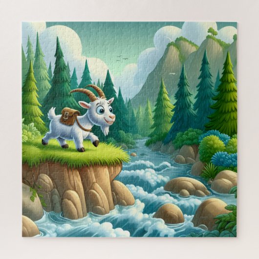 Een speelse geitenreis temidden van groen & stream legpuzzel (Verticaal)