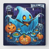 Een speelse Halloween-geest met pompoenen in de na Vierkante Klok (Voorkant)
