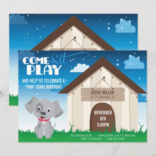 Een speelse hond of Puppy Birthday Party Invitatio Kaart (Voorkant / Achterkant)