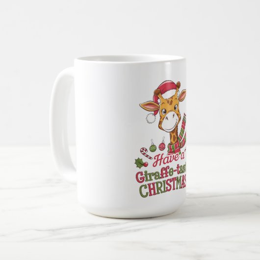 Een speelse kerstgiraffe koffiemok (Voorkant links)