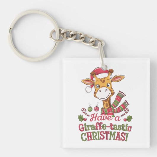Een speelse kerstgiraffe sleutelhanger (voorkant)