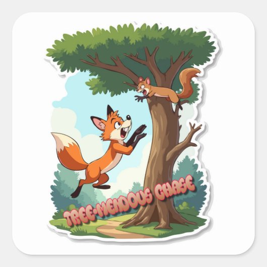 Een speelse vos die een eekhoorn achtervolgt vierkante sticker (Voorkant)