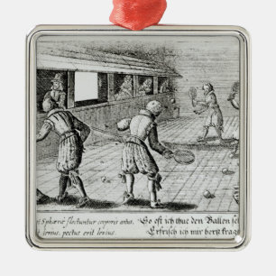 Een spel van echte tennis met sportballades hieron metalen ornament