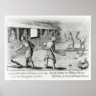 Een spel van echte tennis met sportballades hieron poster