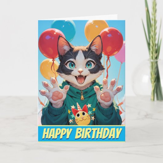 Een SPINNENDE Kitty Cat verjaardag! Kaart (Voorkant)