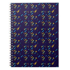 Een spiraalnotitieboek met een donkerblauwe omslag notitieboek