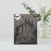 Een spookachtig spookhuis met vleermuizen die rond feestdagenkaart (Staand voorkant)