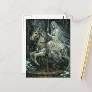 Een spookvrouw op een verlaten carrouselpaard briefkaart