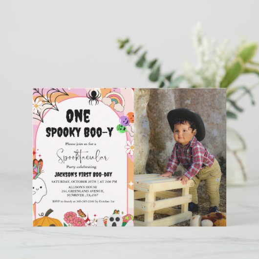 Een spooky Boo-y Ghost halloween groovy verjaardag Kaart (Staand voorkant)