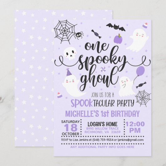 Een Spooky Ghoul Uitnodiging - Meisje (Paarse) (Voorkant / Achterkant)