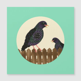 Een spreeuw, een gewone tuinvogel, zat op een hek