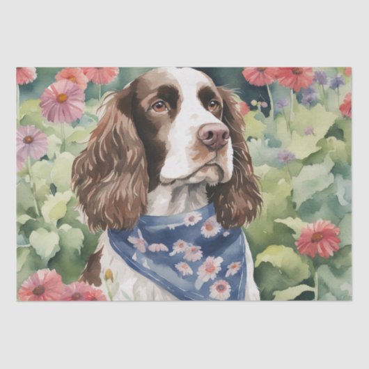 : Een Springer Spaniël's in Bloemen Decoupage Tissuepapier (Voorkant)