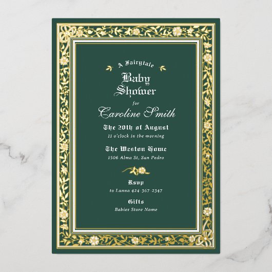 Een sprookjesachtig bos groen en goud Baby shower Folie Uitnodiging (Voorkant)