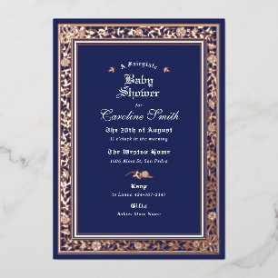 Een sprookjesachtig bos Navy Blue Roos Gold Baby s Folie Uitnodiging