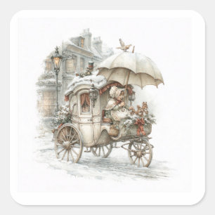 een sprookjeskoets met een meisje op een winterstr vierkante sticker