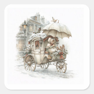 een sprookjeskoets met een meisje op een winterstr vierkante sticker