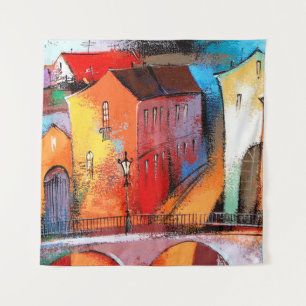 Een sprookjesstad in oranje kleur. Foto van acryl Wandkleed