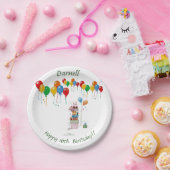 Een stapel Cadeaus en veel kleurrijke ballonnen Papieren Bordje (Feest)