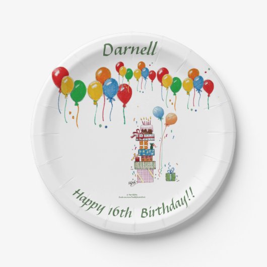 Een stapel Cadeaus en veel kleurrijke ballonnen Papieren Bordje (Voorkant)