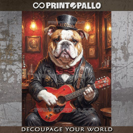 Een steampunk bulldog die gitaar speelt in een pub tissuepapier