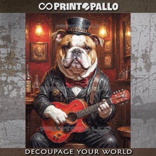 Een steampunk bulldog gitaar spelen in pub - tissuepapier